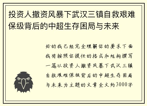 投资人撤资风暴下武汉三镇自救艰难保级背后的中超生存困局与未来